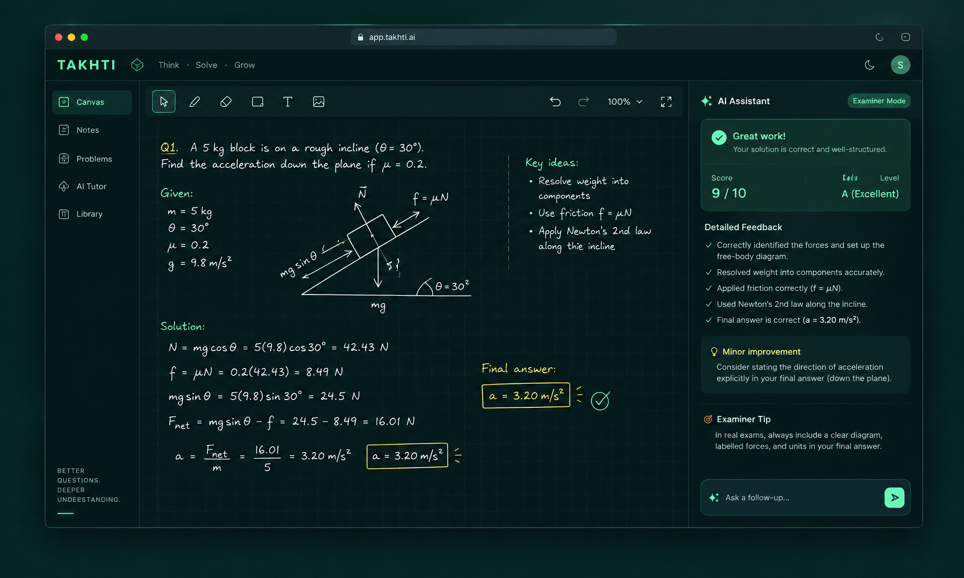 The Takhti canvas showing a solved physics question with examiner-mode feedback